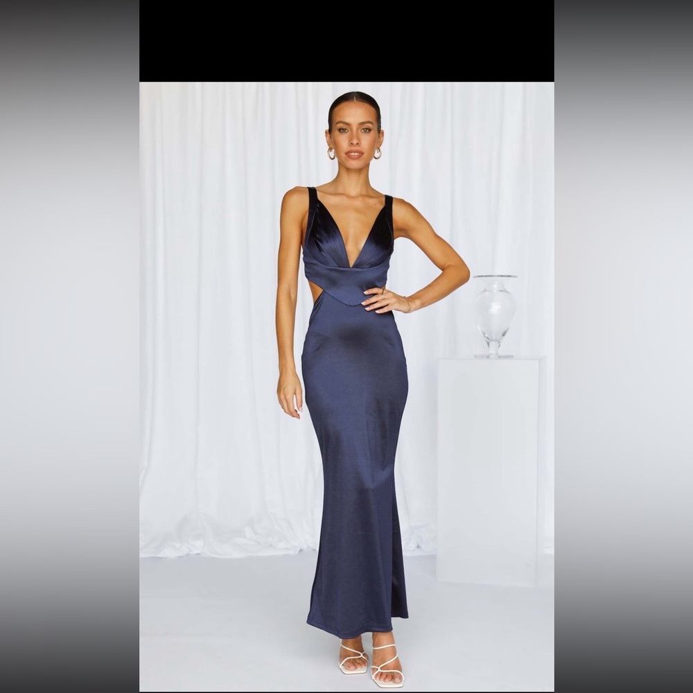 Sunset Views Satin Midi Dress Dark Blue Size Small - Hello Molly